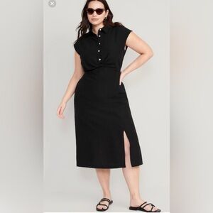 NWT! Black Waist-Defined Twist-Front Hidden Cutout Midi Shirt Dress petite XL